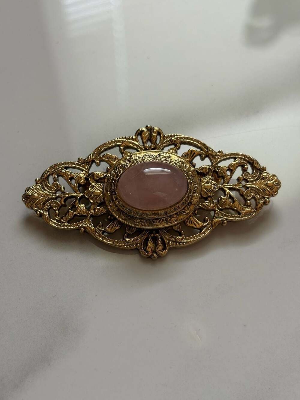 Vintage Ornate Gold Tone Filigree Brooch with Rose Quartz Stone